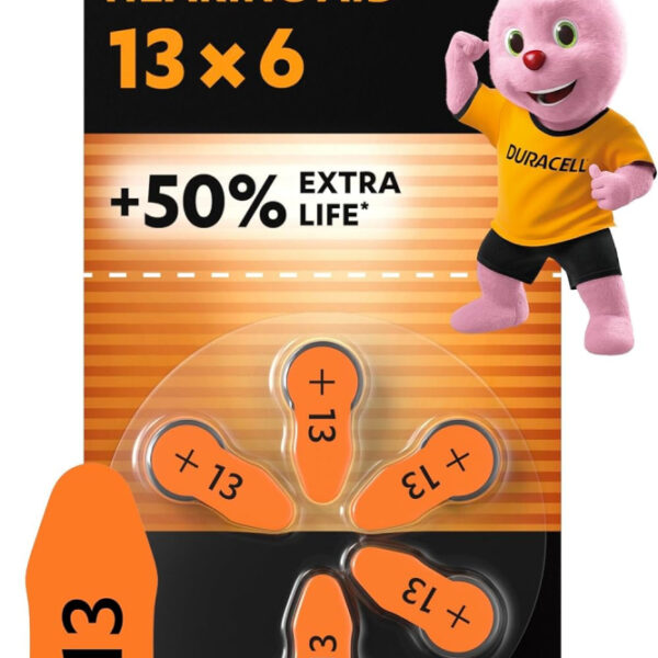 Duracell size 13 Hearing Aids batteries (pack of 6) +50% Extra Life, Easy Installation, 100% recyclable packaging, guaranteed 4 years in storage