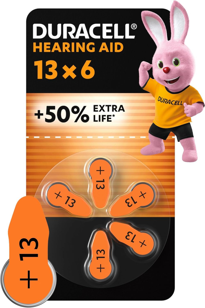 Duracell size 13 Hearing Aids batteries (pack of 6) +50% Extra Life, Easy Installation, 100% recyclable packaging, guaranteed 4 years in storage