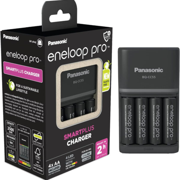 eneloop pro SmartPlus Charger, for 1-4 AA/AAA Rechargeable Batteries, 2h Charging Time, 10 Safety Features, 4 eneloop pro AA batteries included (2500 mAh), UK plug