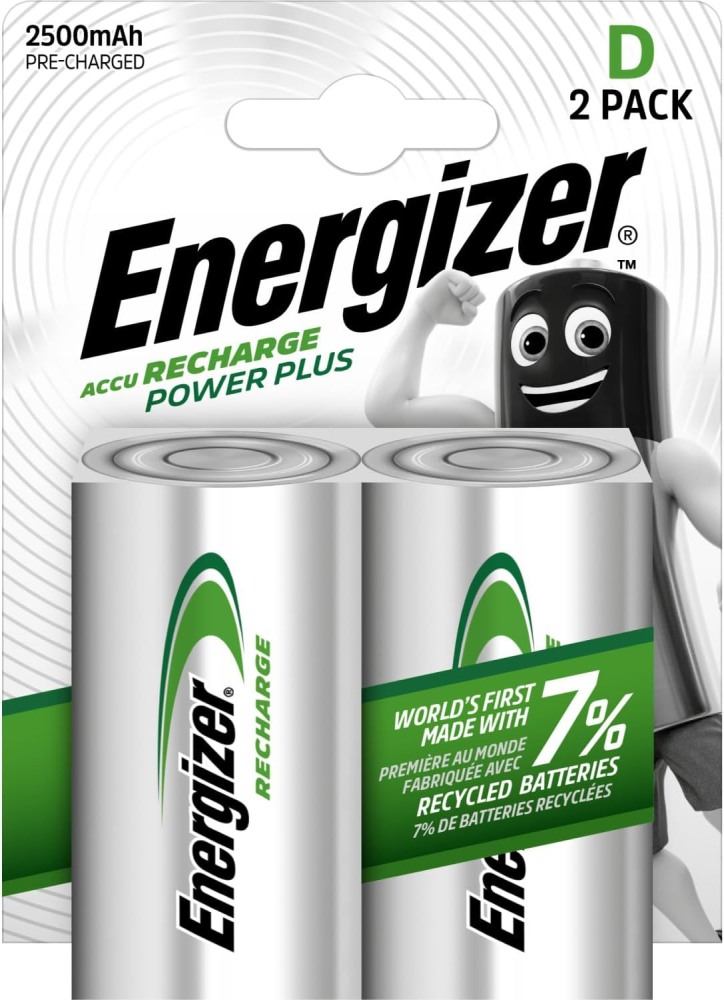 Energizer Recharge Power Plus - Rechargeable D Batteries (2 Pack) - 2500 mAh NiMH - Toys, Radios and Torches - 100% Recyclable Plastic Free Packaging