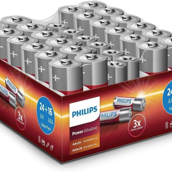 Philips Value Pack Batteries 40 Pieces - 24x AA Batteries and 16x AAA Batteries - Power Alkaline Battery with Long Life - for Remote Control, Radio and More