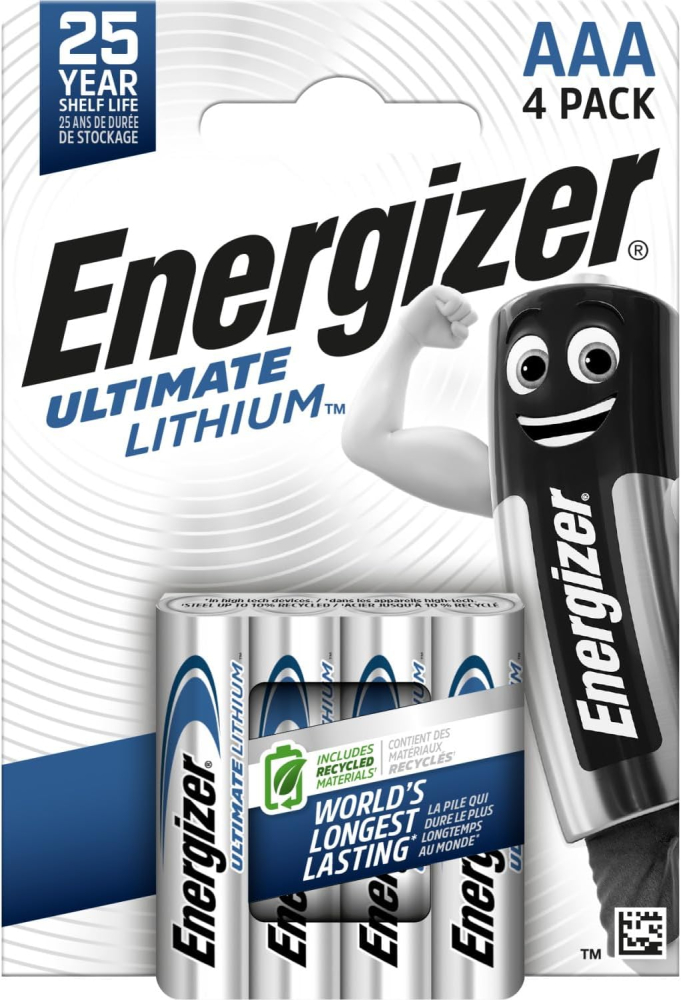 Energizer Ultimate Lithium AAA Batteries (4 Pack) - World's Longest Lasting Triple A Battery - Ideal For High Drain Devices - 100% Recyclable Plastic Free Packaging - 25 Year Shelf Life