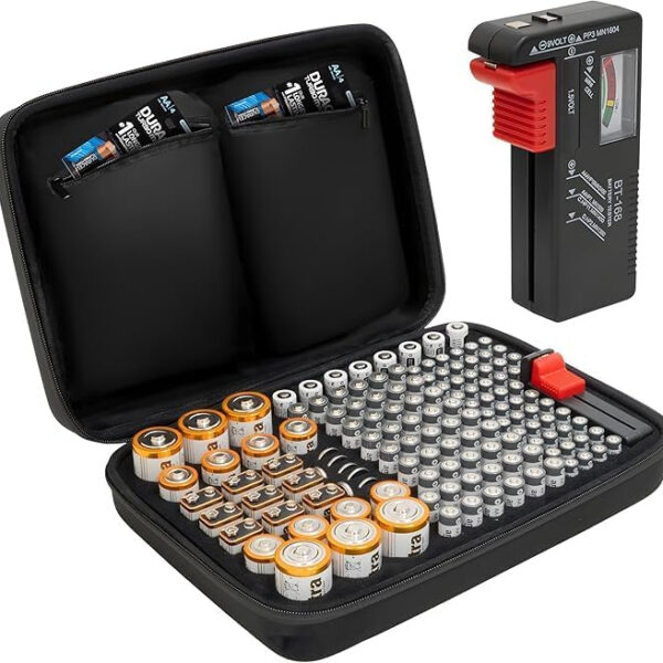 140 Battery Case With Tester | Large Capacity Organiser Storage Case Bag for AAA, AA, 9V Flat, C and D Size Batteries (Not Included)
