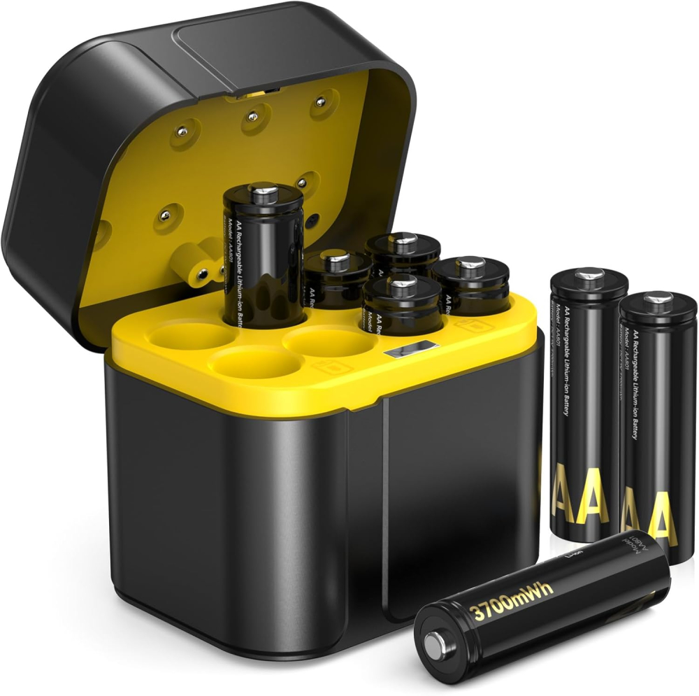 AA Rechargeable Lithium Batteries with Battery Charger Pro, 1.5 V AA Batteries 3700mWh High Capacity, Long Lasting Lithium Battery with Integrated Charging Storage Box