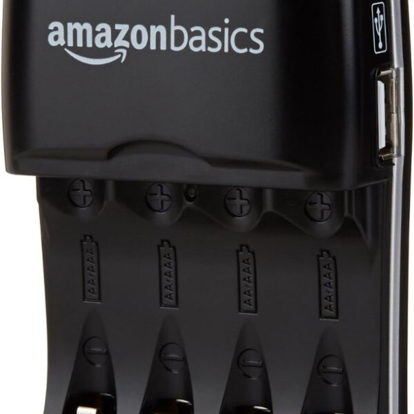 Amazon Basics 4 Slot Ni-MH AA & AAA Battery Charger With Indicator LEDs, With USB Port, Black