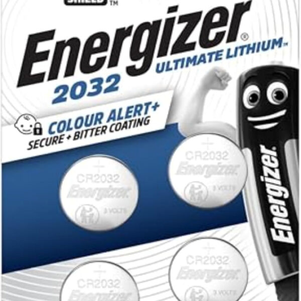 Energizer Ultimate Lithium - CR2032 Batteries (4 Pack) - 3V Battery Coin Cell – World's First 3 in 1 Child Shield Colour Alert Technology – AirTags, Car Key Fobs, Watches - 12 Year Shelf Life