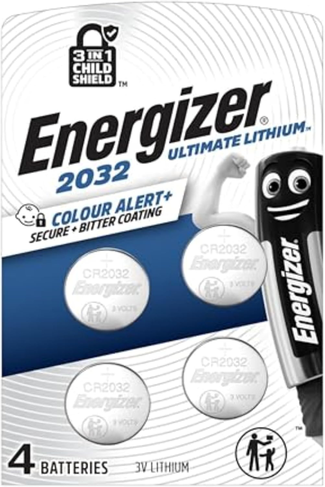 Energizer Ultimate Lithium - CR2032 Batteries (4 Pack) - 3V Battery Coin Cell – World's First 3 in 1 Child Shield Colour Alert Technology – AirTags, Car Key Fobs, Watches - 12 Year Shelf Life