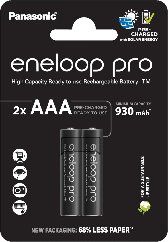 eneloop Pro, AAA/Micro, Rechargeable Battery, Pack of 2, Capacity of 930 mAh, Ready-to-Use Ni-MH Batteries, 500 Recharge Cycles, Plastic Free Packaging, Pro, Black