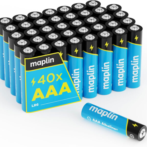 Maplin 40x AAA LR03 1.5V Alkaline Batteries (Triple A) High-Performance Leak-Proof Cells, Long Shelf Life, Perfect for Christmas Lights, Decorations, TV remotes & Battery Motorised Toys