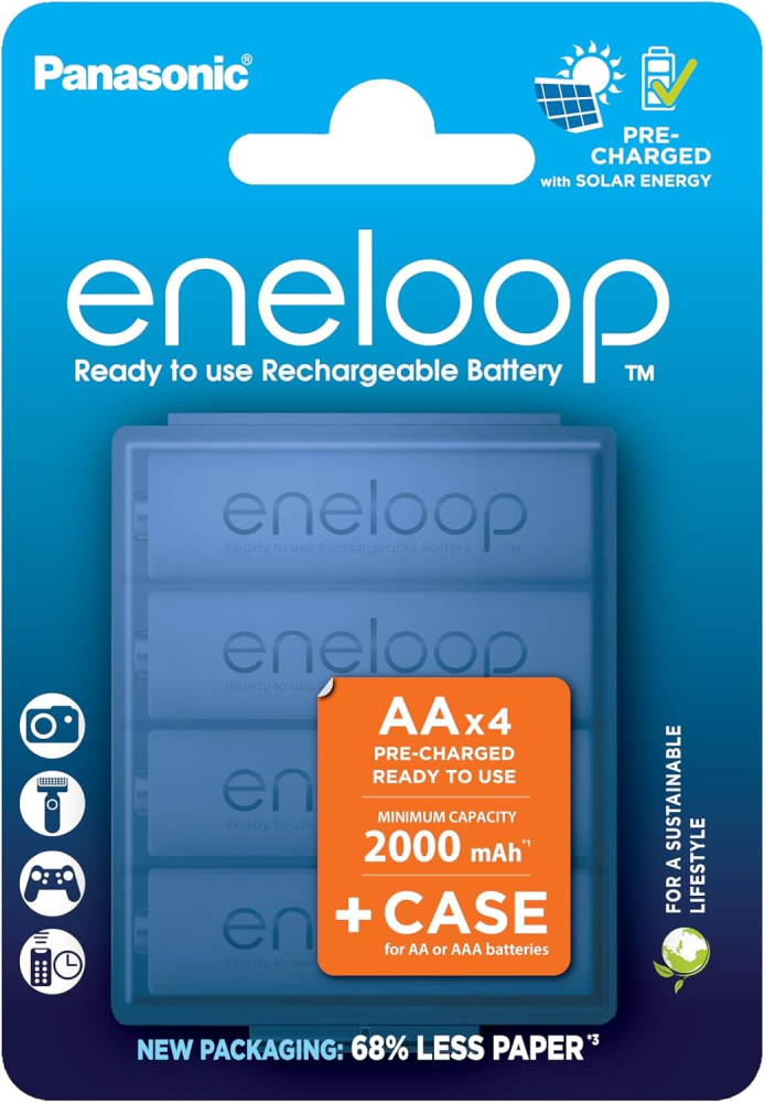 eneloop, AA/Mignon, Rechargeable Battery, Pack of 4 + Case, Capacity of 2000 mAh, Ready-to-Use Ni-MH Batteries, 2000 Recharge Cycles, Plastic Free Packaging, Standard, White