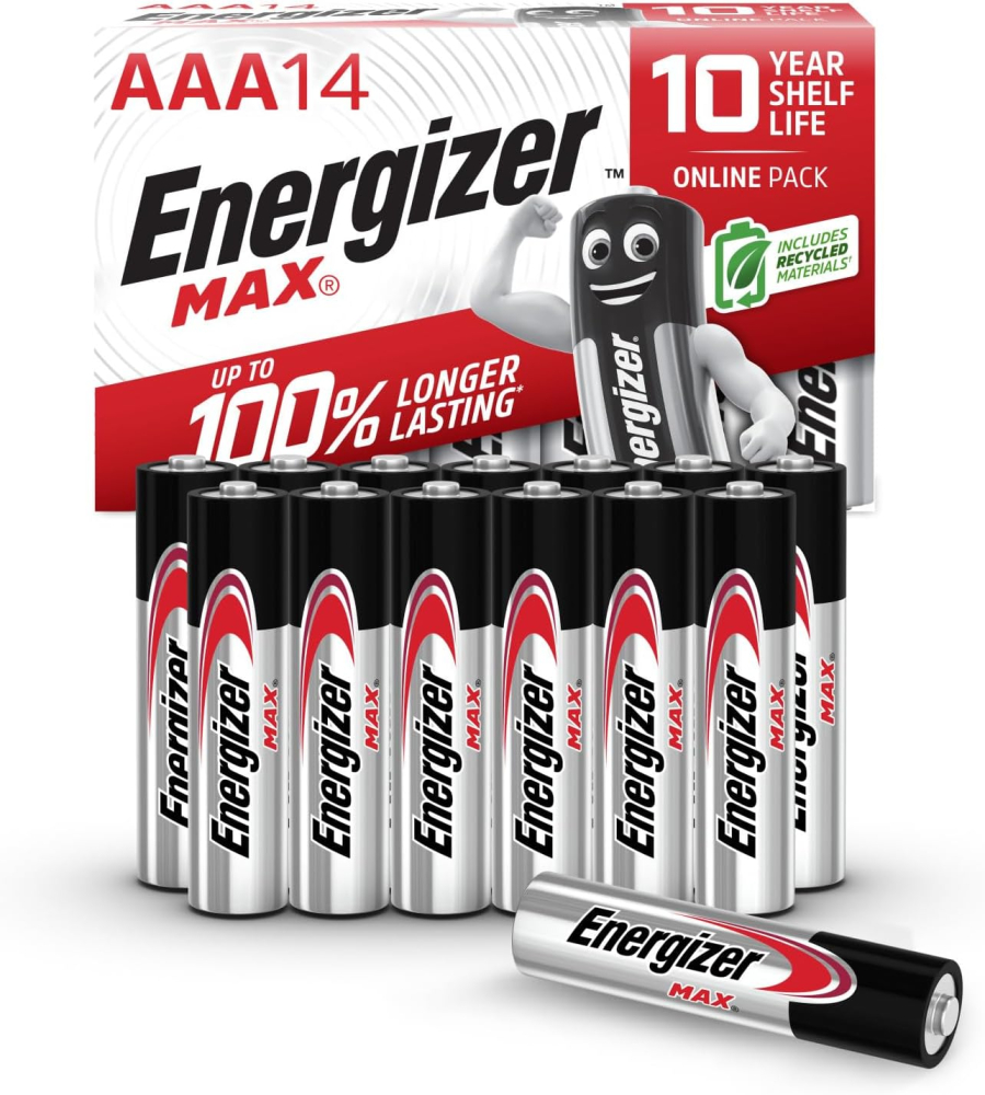 Energizer Max - AAA Batteries (14 Pack) - Triple A 1.5V Battery - Long Lasting Alkaline Power for Everyday Devices - 100% Recyclable Plastic Free Packaging - 10 Year Shelf Life [Think Assemble Exclusive]