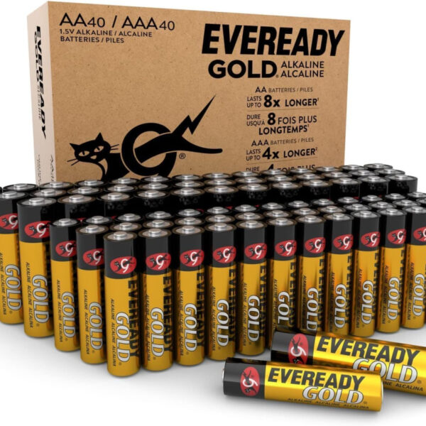 Eveready Gold by Energizer - AA + AAA Battery (80 Combo Pack) - Double & Triple A Batteries - 1.5V Alkaline - Reliable Power - 0% Plastic Packaging - 10 Year Shelf Life [Think Assemble Exclusive]