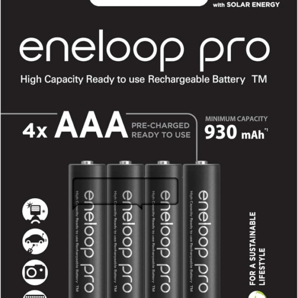 eneloop Pro, AAA/Micro, Rechargeable Battery, Pack of 4, Capacity of 930 mAh, Ready-to-Use Ni-MH Batteries, 500 Recharge Cycles, Plastic Free Packaging, Pro, Black