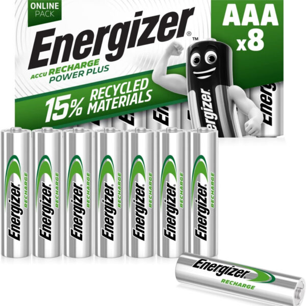 Energizer Recharge Power Plus - Rechargeable AAA Batteries (8 Pack) - 700 mAh NiMH Triple A Battery - 100% Recyclable Plastic Free Packaging
