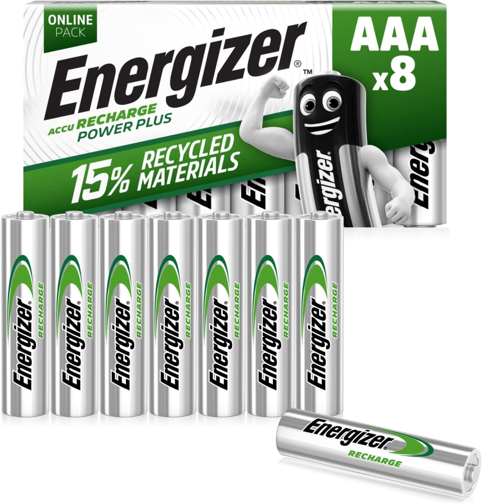 Energizer Recharge Power Plus - Rechargeable AAA Batteries (8 Pack) - 700 mAh NiMH Triple A Battery - 100% Recyclable Plastic Free Packaging