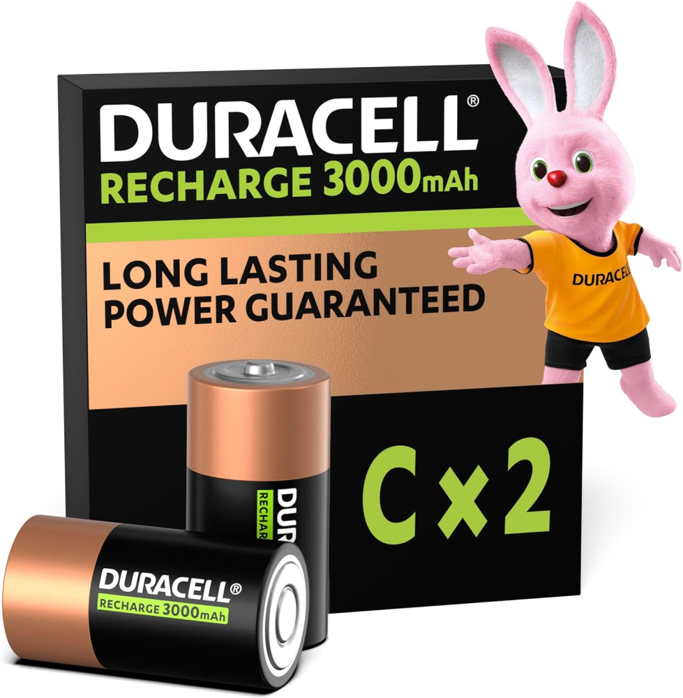Duracell C Rechargeable Batteries (Pack of 2), 3000 mAh NiMH, Long Lasting Power