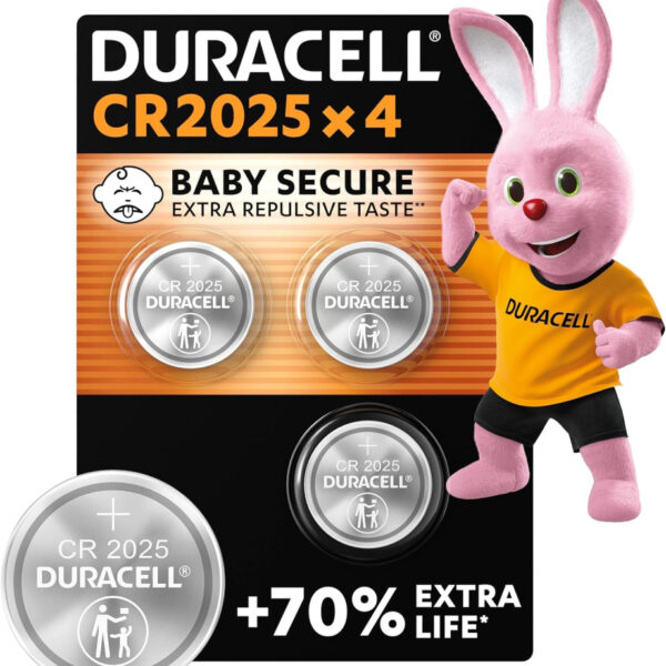 DURACELL 2025 Lithium Coin Batteries 3V (4 Pack) - Up to 70% Extra Life - Baby Secure Technology - For Use in Key Fobs, Fitness Watches and 3D Glasses - Baby Secure Packaging