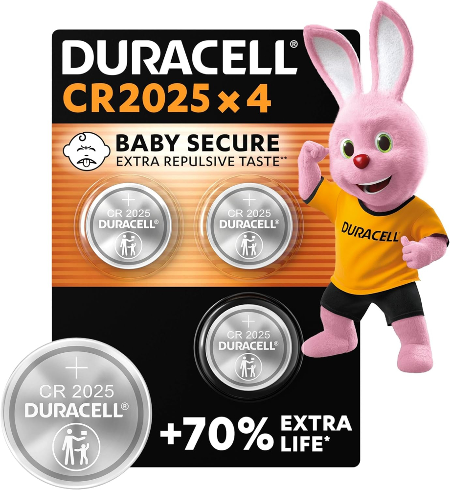DURACELL 2025 Lithium Coin Batteries 3V (4 Pack) - Up to 70% Extra Life - Baby Secure Technology - For Use in Key Fobs, Fitness Watches and 3D Glasses - Baby Secure Packaging
