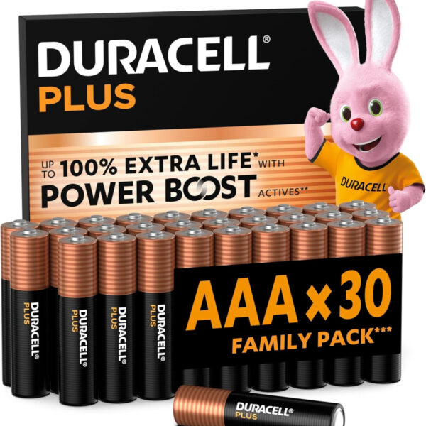 DURACELL Plus AAA Batteries (30 Pack) – Alkaline Batteries 1.5V – Up to 100% Extra Life with POWER BOOST Actives– Reliability For Everyday Devices – 0% Plastic Packaging – 10-Year Storage-MN2400