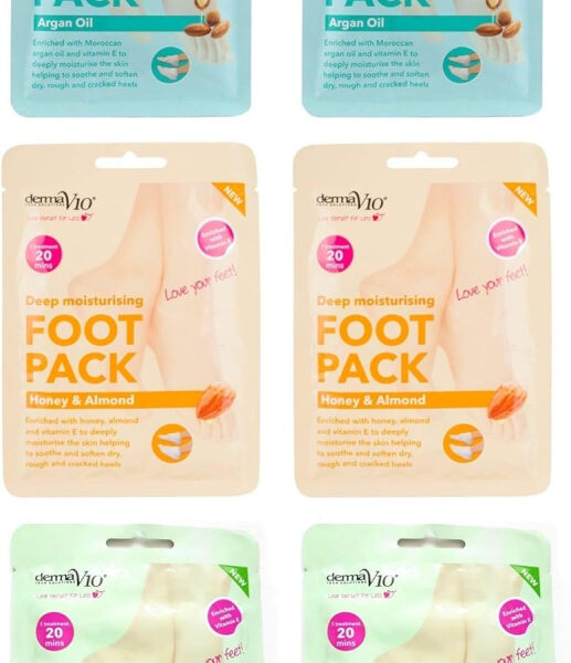Derma V10 Foot Pack Mask (6 Pack) Deep Moisturising (Tea Tree & Peppermint, Honey & Almond, Argan Oil)