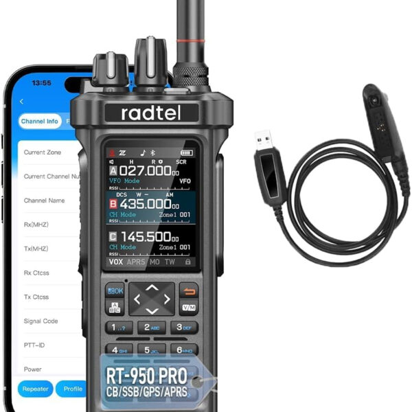 Radtel RT-950 PRO Ham Radio GPS/APRS, 10W Walkie Talkie Long Range Handheld Two Way Radio, AM/FM/CB/SW/MW/LW RX, Bluetooth APP Programming, NOAA, Spectrum Analyzer (with Programming Cable)