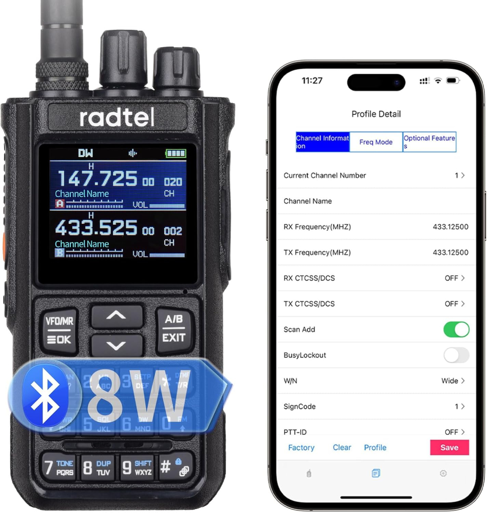 Radtel RT-900 8W Multi-Band Amateur Radio Handheld Walkie Talkie with Noise Reduction, 256 Channels VHF/UHF Two-Way Radio, NOAA, Marine, 2200mAh Battery, Frequency Tuning, Aviation, App-Pro