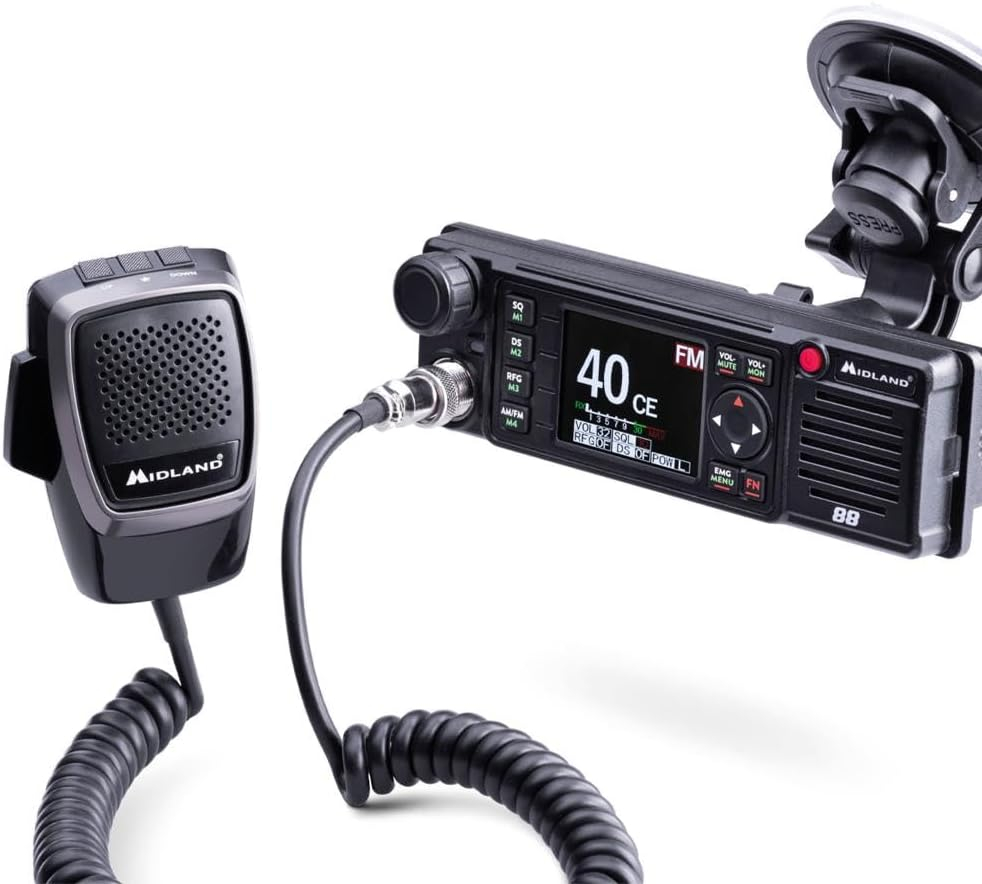 Midland - CB Radio M88 Vehicle-Mounted Licence-Free, Professional 2 Way Radio for All DIN Compartments, Cars, Trucks, Campers & More, TFT Multicolour Display, Noise Blanker/HIC, Universal Power Supply