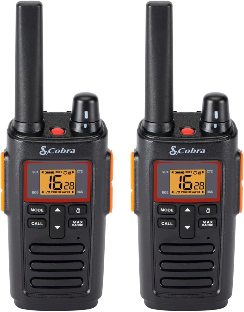 Cobra RX380 Walkie Talkies (2-Pack) - PMR446 Recreational and Business Rechargeable Two-Way Radios, 8 km Range, IPX2 Water Resistance, Black and Orange
