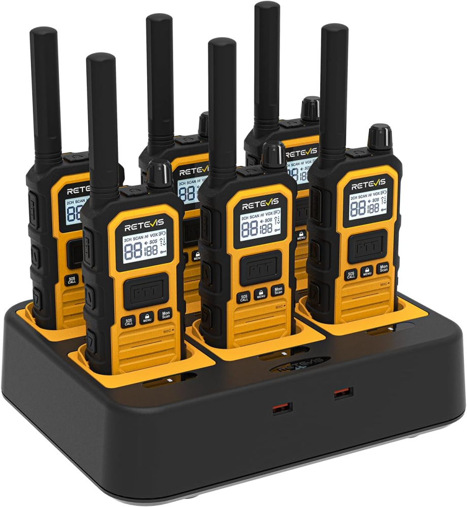 Retevis RB648 Plus Long Distance Walkie Talkie, IP67 Waterproof Two Way Radios with 6 Way Charger, Extended Range, 2000mAh, Industrial walkie talkie with Easy Read LCD for Construction (6 Pcs, Yellow)