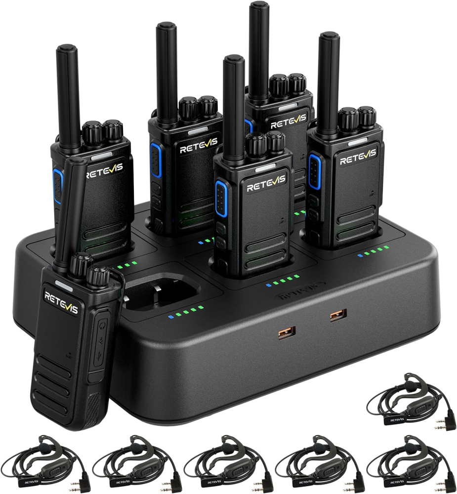 Retevis B64 Walkie Talkies, 6 Way Charger, 2 Way Radio with Bilateral AI Noise Cancelling, Professional Sturdy Out of Box, Walkie Talkie Headset for Bar, Club (Black, 6 Packs)