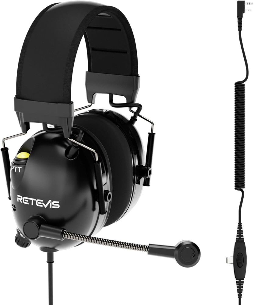 Retevis EHK015 Walkie Talkie Headset, ANC Overhead Radio Headphones, Foldable Dual PTT Buttons Rotating Mic Kenwood 2-Pin, Compatible with Baofeng UV5R RT24 RT27 RT668 RT86 RT3S H777(1 Pcs)
