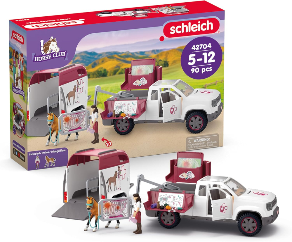 SCHLEICH Horse Club - 90 PC Mobile Vet with Trailer Playset - Includes Toy Horse Figurine, Poseable Veterinarian Figure, Moveable Truck and Accessories - Interactive Play Toys for Kids Ages 5+| 42704