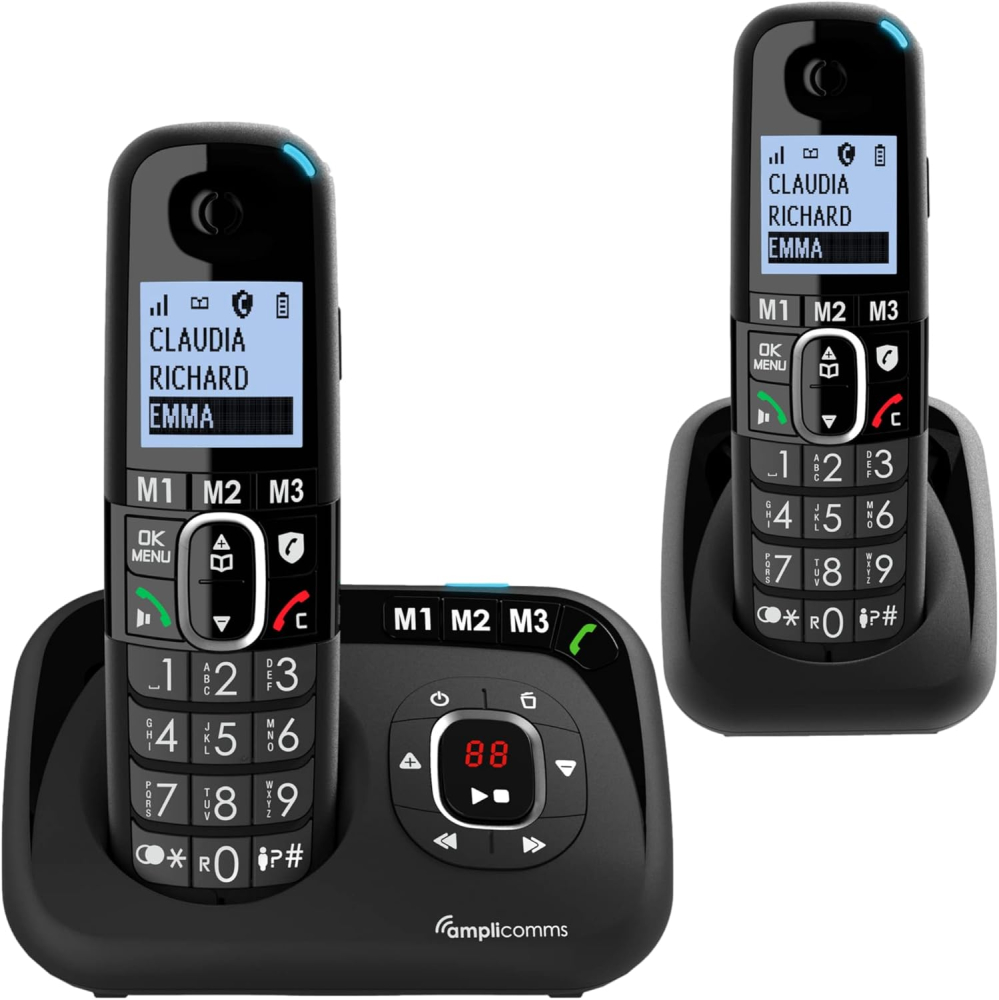 Amplicomms BigTel 1582 Cordless Big Button Phone for Elderly with Answer Machine Plus Additional Handset - Loud Phones for Hard of Hearing - Hearing Aid Compatible Phones - Cordless Number Telephone