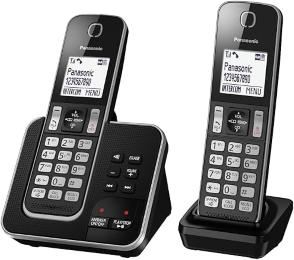 Panasonic KX-TGD622 Cordless Phone with Call Block Key, Digital Answering Machine, Hands-Free Functionality – Black and Silver (Pack of 2)