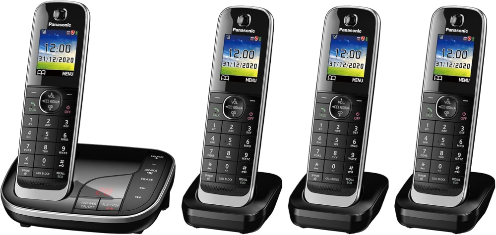 Panasonic KX-TGJ424EB Landline Phone Cordless, House phones, Automated Call Blocker, Answer machine, Colour Display, Quad Handset - Black