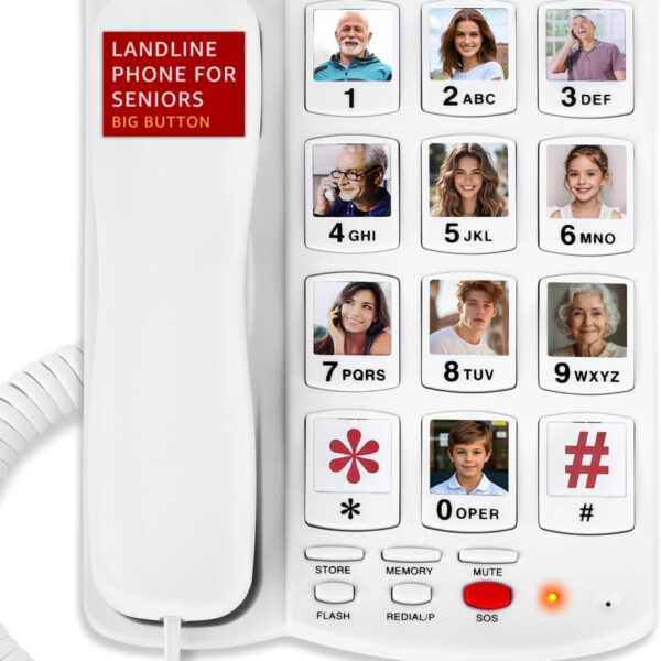Big Button Phone for Seniors, Uvital Senior Landline Phones for Elderly with 10 One-Touch Dialing Big Buttons, Corded Landline Telephone with SOS Emergency Button, Replaceable Photo, Adjustable Volume