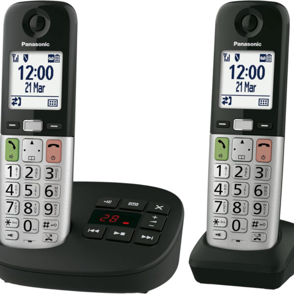 Panasonic KX-TGU432EB Digital Cordless Landline Phone with Answering Machine, Base Unit & 2 Handsets, LCD Display, Fav Call, Torchlight, Hearing Aid Compatible, Black & Silver