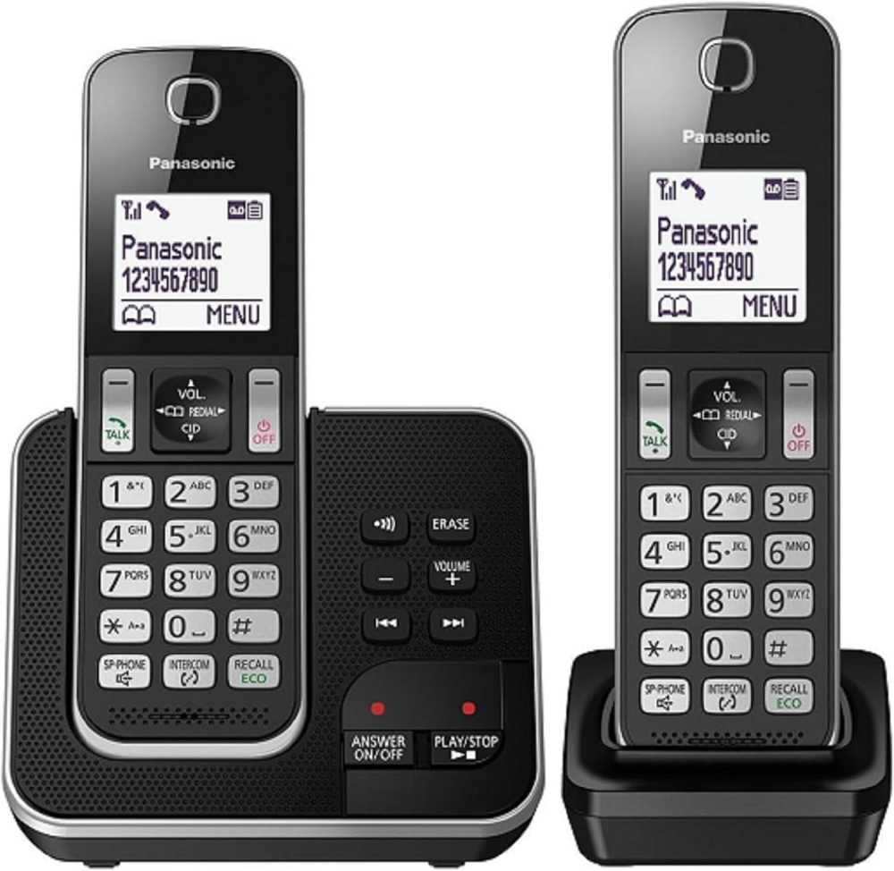 Panasonic KX-TGD322 Cordless Home Phone with Nuisance Call Blocker and Digital Answering Machine - Black & Silver (Pack of 2)