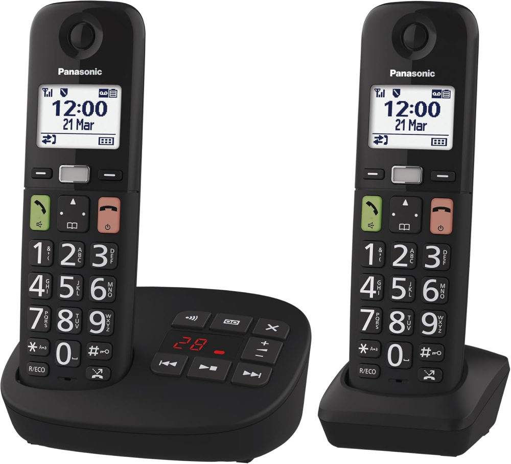 Panasonic KX-TGU132EB Digital Cordless Phone with Answering Machine, Base Unit & 2 Handsets, LCD Display, Big Buttons, Fav Call, Hearing Aid Compatible, Black