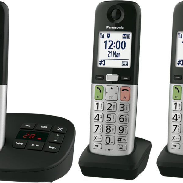 Panasonic KX-TGU433EB Digital Cordless Landline Phone with Answering Machine, Base Unit & 3 Handsets, 2.1” (5.3 cm) LCD Display, Fav Call, Torchlight, Hearing Aid Compatible, Black & Silver
