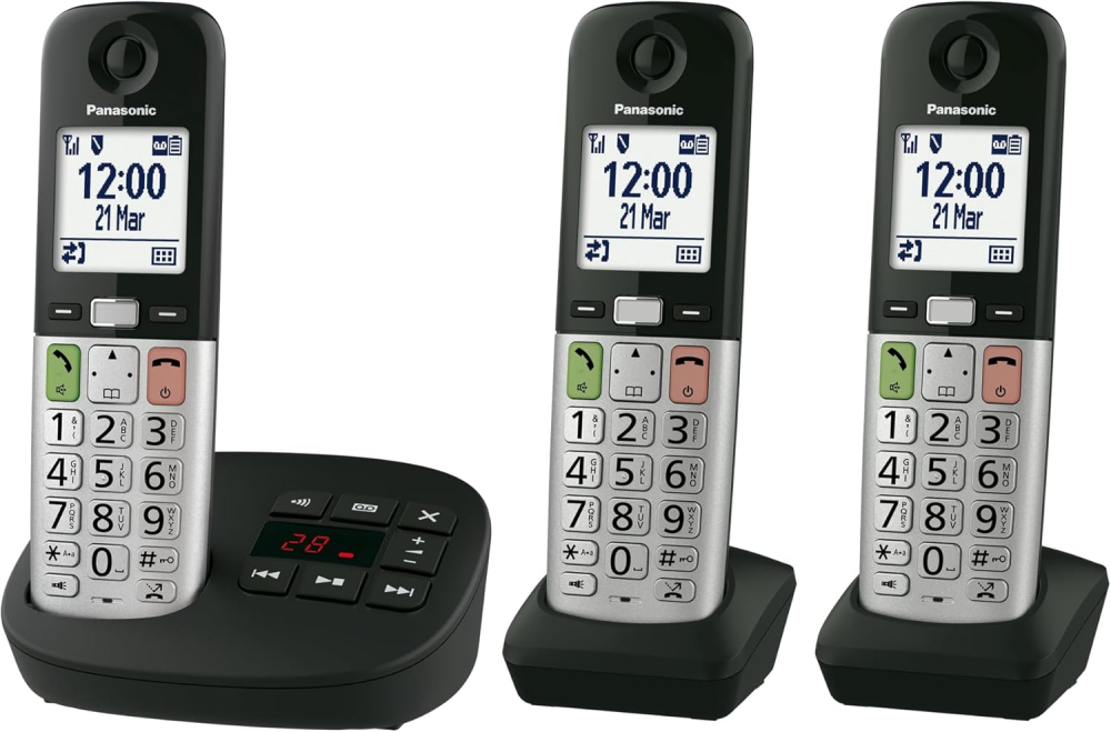 Panasonic KX-TGU433EB Digital Cordless Landline Phone with Answering Machine, Base Unit & 3 Handsets, 2.1” (5.3 cm) LCD Display, Fav Call, Torchlight, Hearing Aid Compatible, Black & Silver