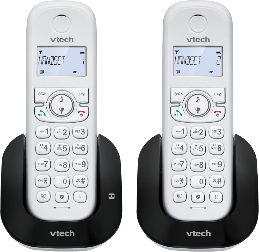 VTech CS1551 DECT Cordless Phone with Answering Machine and Call Block, 2 Handsets, Intercom, Landline House Phones, White, Caller ID/Call Waiting, Redial, Handsfree, illuminated Display and Keypad