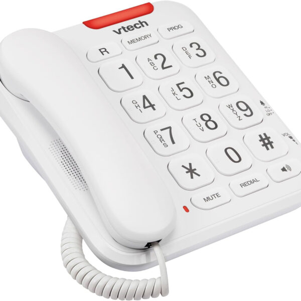 VTech CL1100 Corded Landline House Phone with Big Button, Visual Ring Indicator, Speed Dial, Handsfree Speakerphone, No AC Power Needed, Hearing Aid Compatible