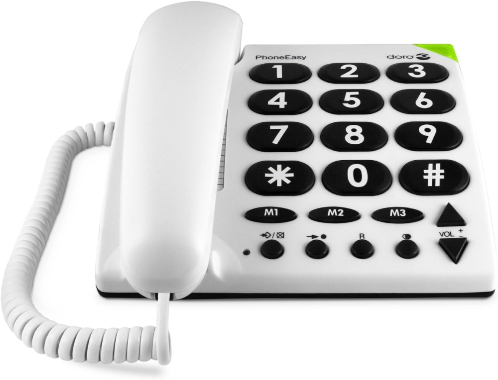 Doro PhoneEasy 311c Landline Phone - Big Button Corded House Phone - Ideal for the Elderly - 3 One-Touch Memories - Visual Ring Indicator - No Answerphone (White) [UK and Irish Version]