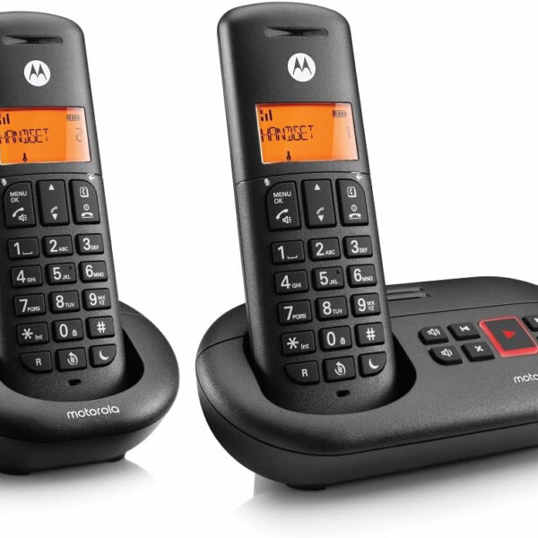 Motorola E212 Cordless Landline House Phone, Home Phone, Answer Machine, Nuisance Call Blocking, Do Not Disturb Button, Amber Backlit Display, Twin Handset Pack