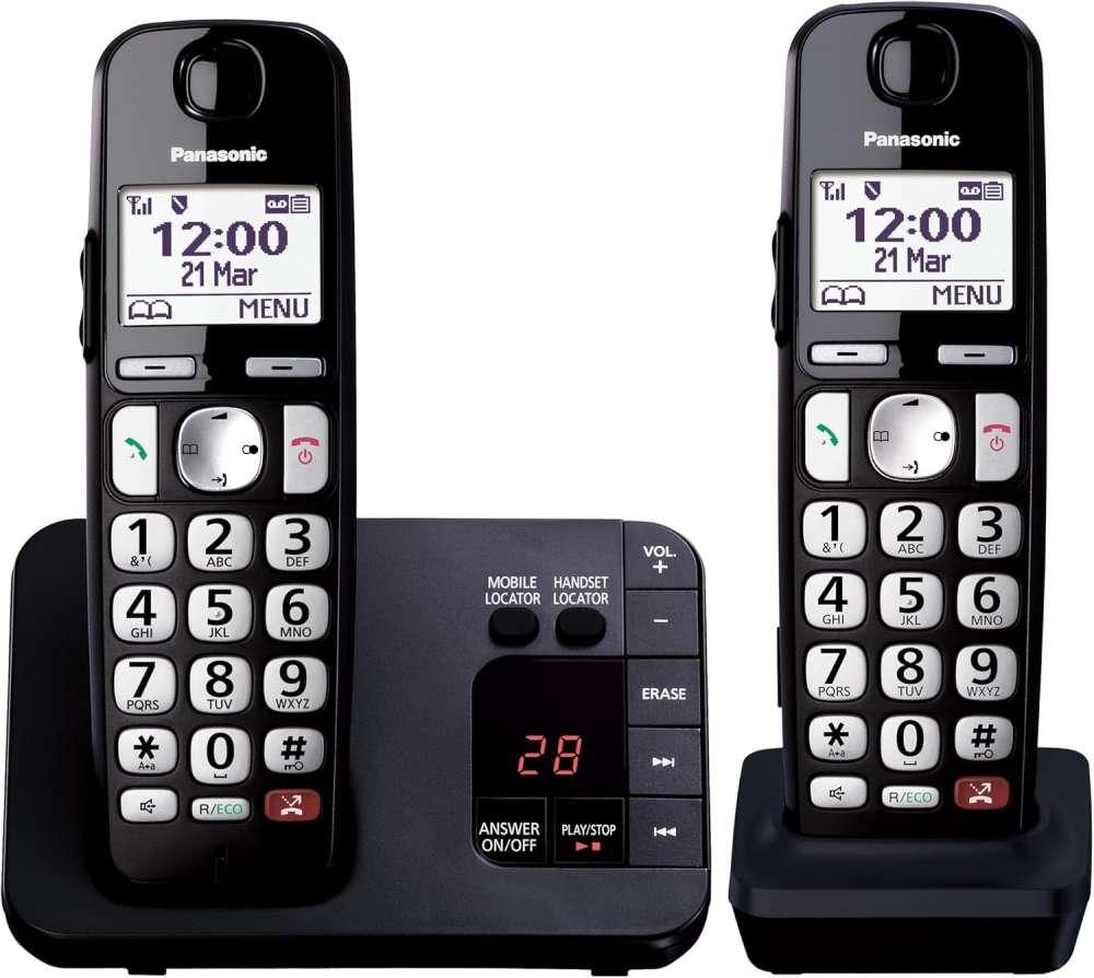 Panasonic KX-TGE822EB Digital Cordless Phone About 40 minutes Answering Machine with Nuisance Call Block and Dedicated Key, Amplified Sound Double