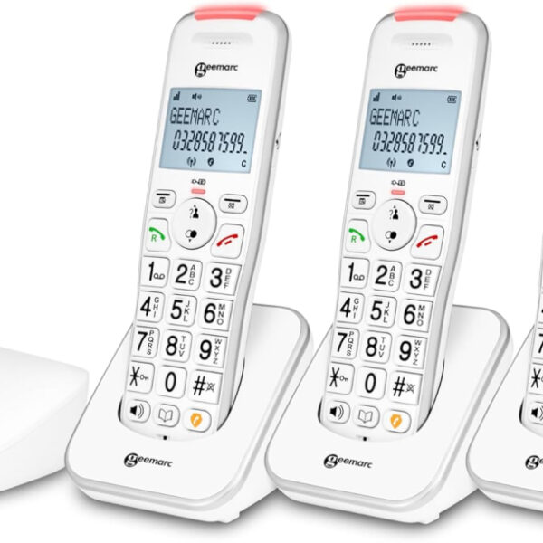 Geemarc Liberty 200 Trio, Amplified Home Telephones with Small DECT Base, Loud Ringer, Hearing Aid Compatible Cordless Phones, Easy Use 3 Cordless Handsets to Be Placed Anywhere in the House