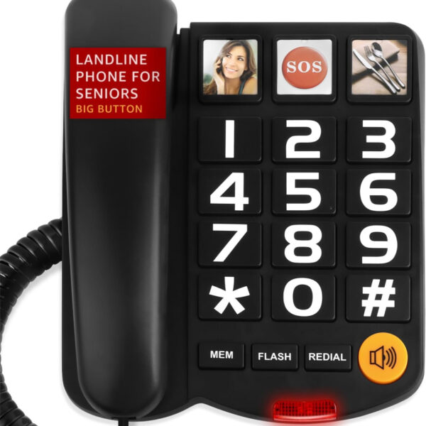 Big Button Landline Phone for Seniors, Uvital Senior Telephone for Elderly with 3 One-Touch Dialing, Corded Landline with SOS Emergency Button, Adjustable Volume, Ringtone Off Function(Black)