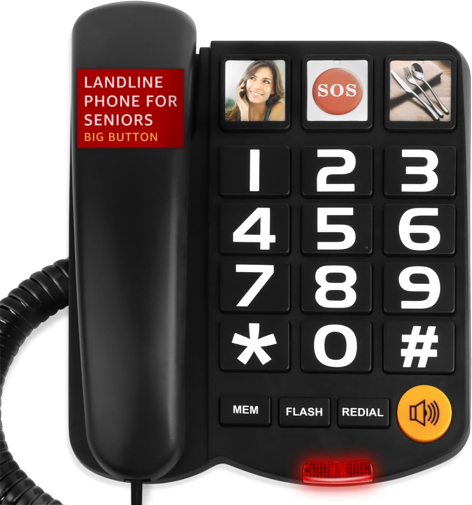 Big Button Landline Phone for Seniors, Uvital Senior Telephone for Elderly with 3 One-Touch Dialing, Corded Landline with SOS Emergency Button, Adjustable Volume, Ringtone Off Function(Black)