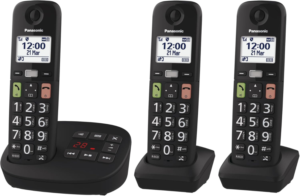 Panasonic KX-TGU133EB Digital Cordless Phone with Answering Machine, Base Unit & 3 Handsets, LCD Display, Big Buttons, Fav Call, Hearing Aid Compatible, Black